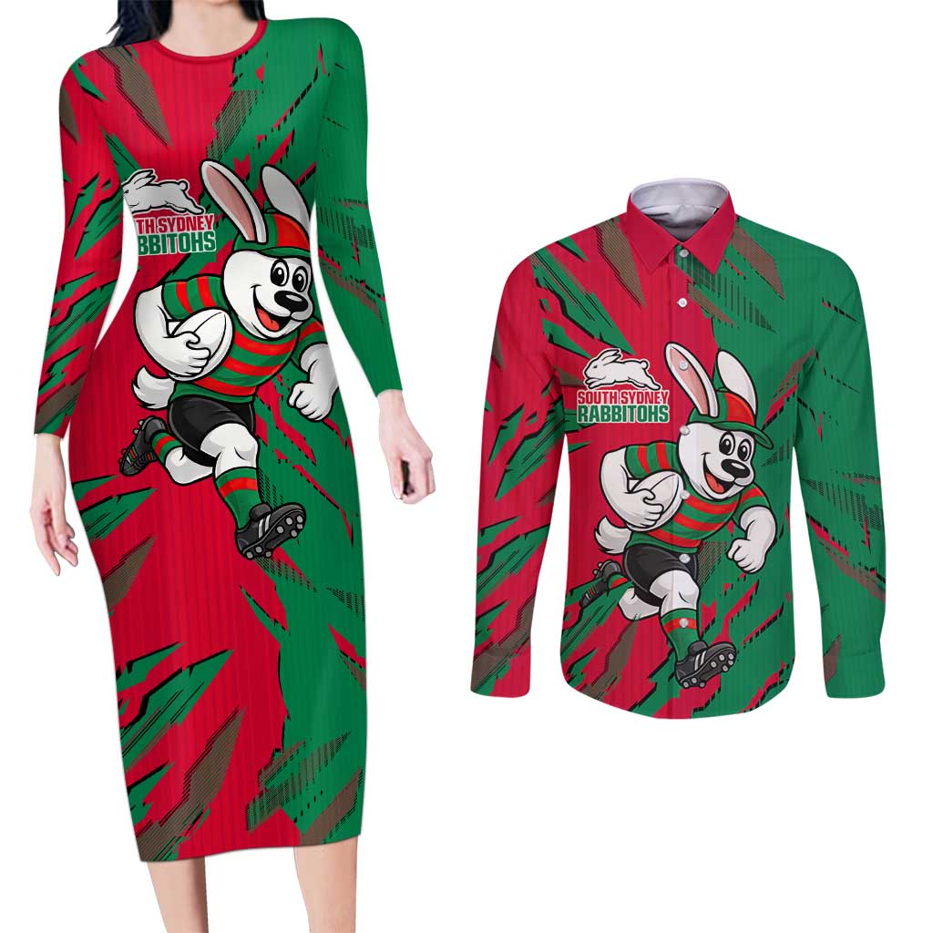 Personalized South Sydney Rabbitohs Couples Matching Long Sleeve Bodycon Dress and Long Sleeve Button Shirt Dynamic Lightning Mascot Rugby Australia