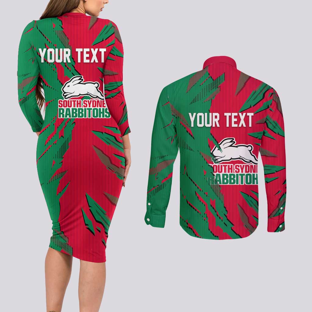 Personalized South Sydney Rabbitohs Couples Matching Long Sleeve Bodycon Dress and Long Sleeve Button Shirt Dynamic Lightning Mascot Rugby Australia