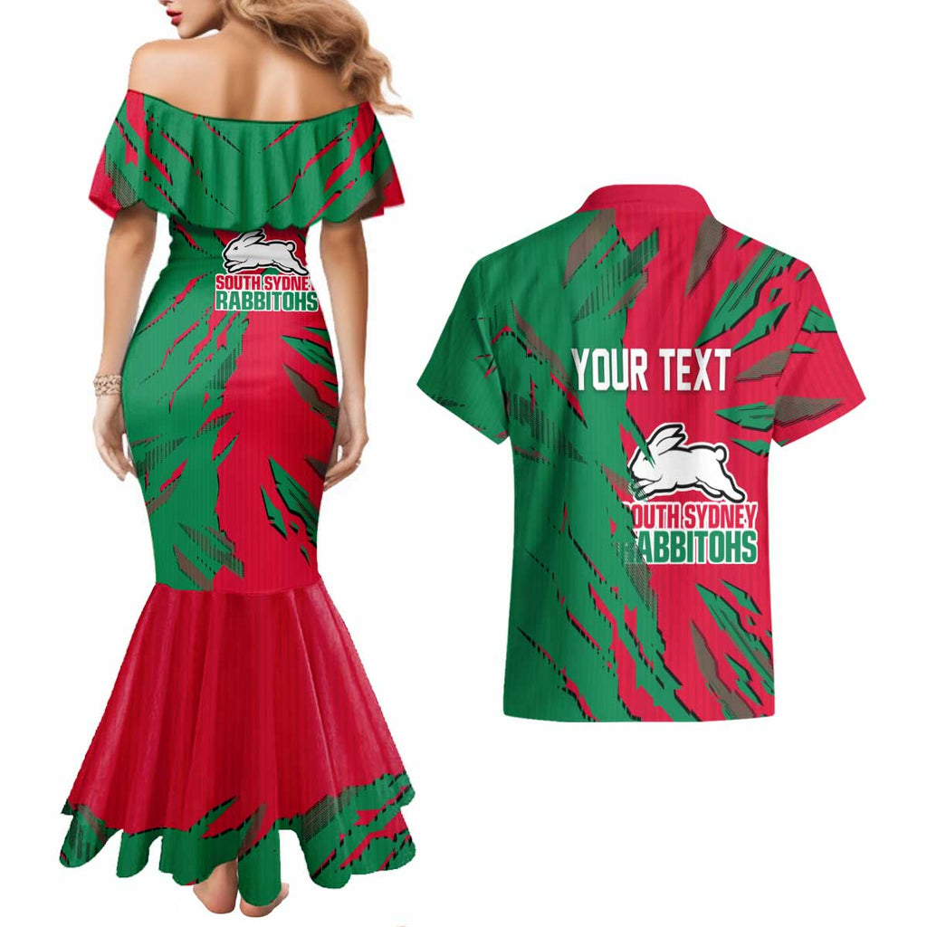 Personalized South Sydney Rabbitohs Couples Matching Mermaid Dress and Hawaiian Shirt Dynamic Lightning Mascot Rugby Australia