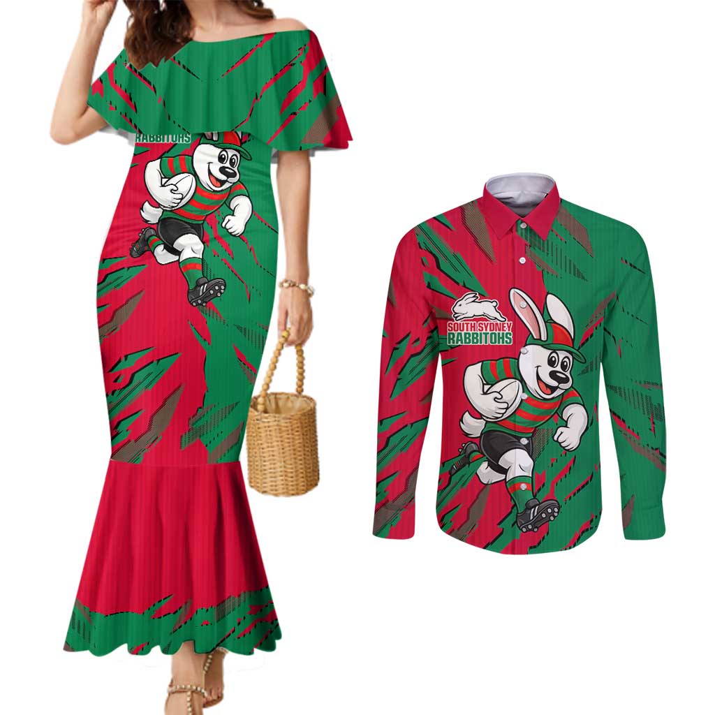Personalized South Sydney Rabbitohs Couples Matching Mermaid Dress and Long Sleeve Button Shirt Dynamic Lightning Mascot Rugby Australia