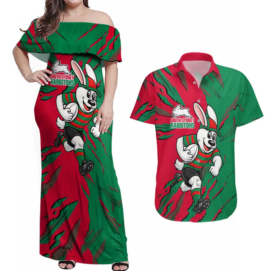 Personalized South Sydney Rabbitohs Couples Matching Off Shoulder Maxi Dress and Hawaiian Shirt Dynamic Lightning Mascot Rugby Australia