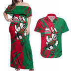 Personalized South Sydney Rabbitohs Couples Matching Off Shoulder Maxi Dress and Hawaiian Shirt Dynamic Lightning Mascot Rugby Australia