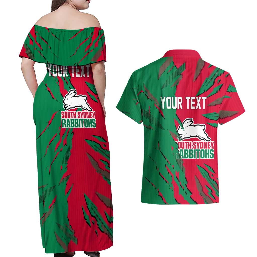 Personalized South Sydney Rabbitohs Couples Matching Off Shoulder Maxi Dress and Hawaiian Shirt Dynamic Lightning Mascot Rugby Australia