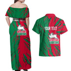 Personalized South Sydney Rabbitohs Couples Matching Off Shoulder Maxi Dress and Hawaiian Shirt Dynamic Lightning Mascot Rugby Australia