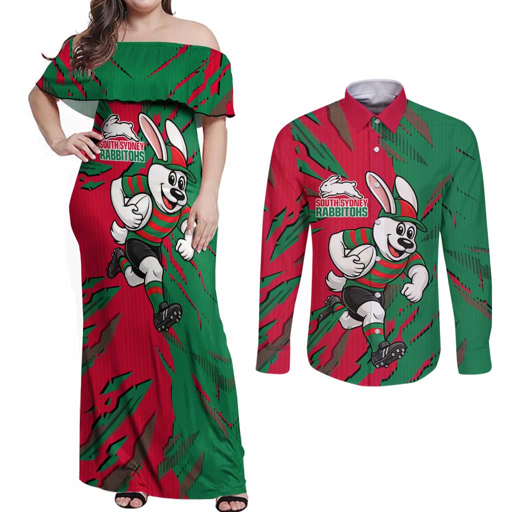 Personalized South Sydney Rabbitohs Couples Matching Off Shoulder Maxi Dress and Long Sleeve Button Shirt Dynamic Lightning Mascot Rugby Australia