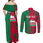 Personalized South Sydney Rabbitohs Couples Matching Off Shoulder Maxi Dress and Long Sleeve Button Shirt Dynamic Lightning Mascot Rugby Australia