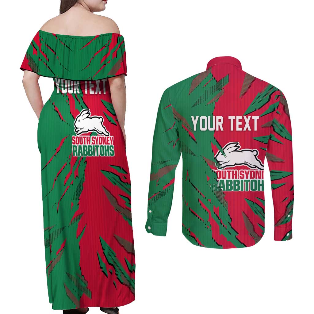 Personalized South Sydney Rabbitohs Couples Matching Off Shoulder Maxi Dress and Long Sleeve Button Shirt Dynamic Lightning Mascot Rugby Australia
