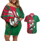 Personalized South Sydney Rabbitohs Couples Matching Off Shoulder Short Dress and Hawaiian Shirt Dynamic Lightning Mascot Rugby Australia