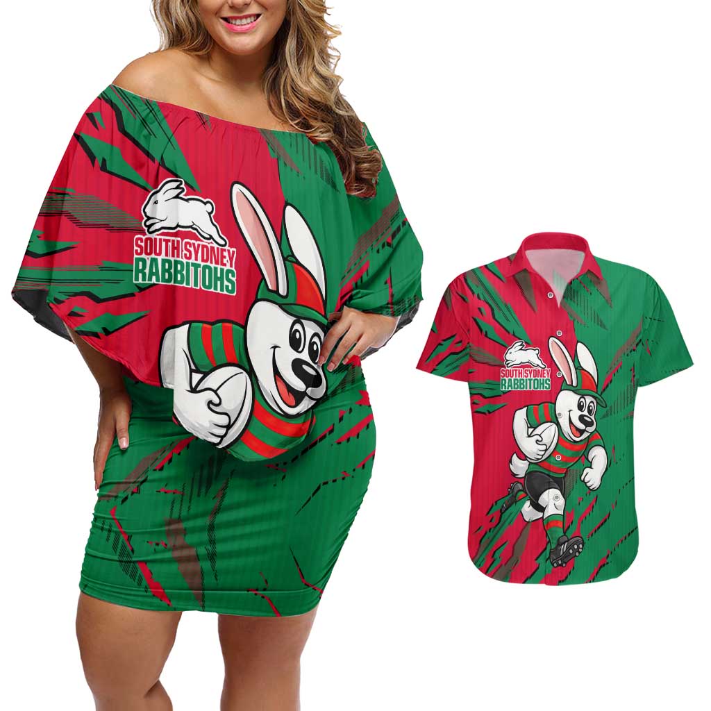 Personalized South Sydney Rabbitohs Couples Matching Off Shoulder Short Dress and Hawaiian Shirt Dynamic Lightning Mascot Rugby Australia