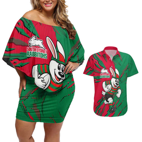 Personalized South Sydney Rabbitohs Couples Matching Off Shoulder Short Dress and Hawaiian Shirt Dynamic Lightning Mascot Rugby Australia