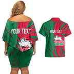 Personalized South Sydney Rabbitohs Couples Matching Off Shoulder Short Dress and Hawaiian Shirt Dynamic Lightning Mascot Rugby Australia
