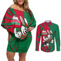 Personalized South Sydney Rabbitohs Couples Matching Off Shoulder Short Dress and Long Sleeve Button Shirt Dynamic Lightning Mascot Rugby Australia