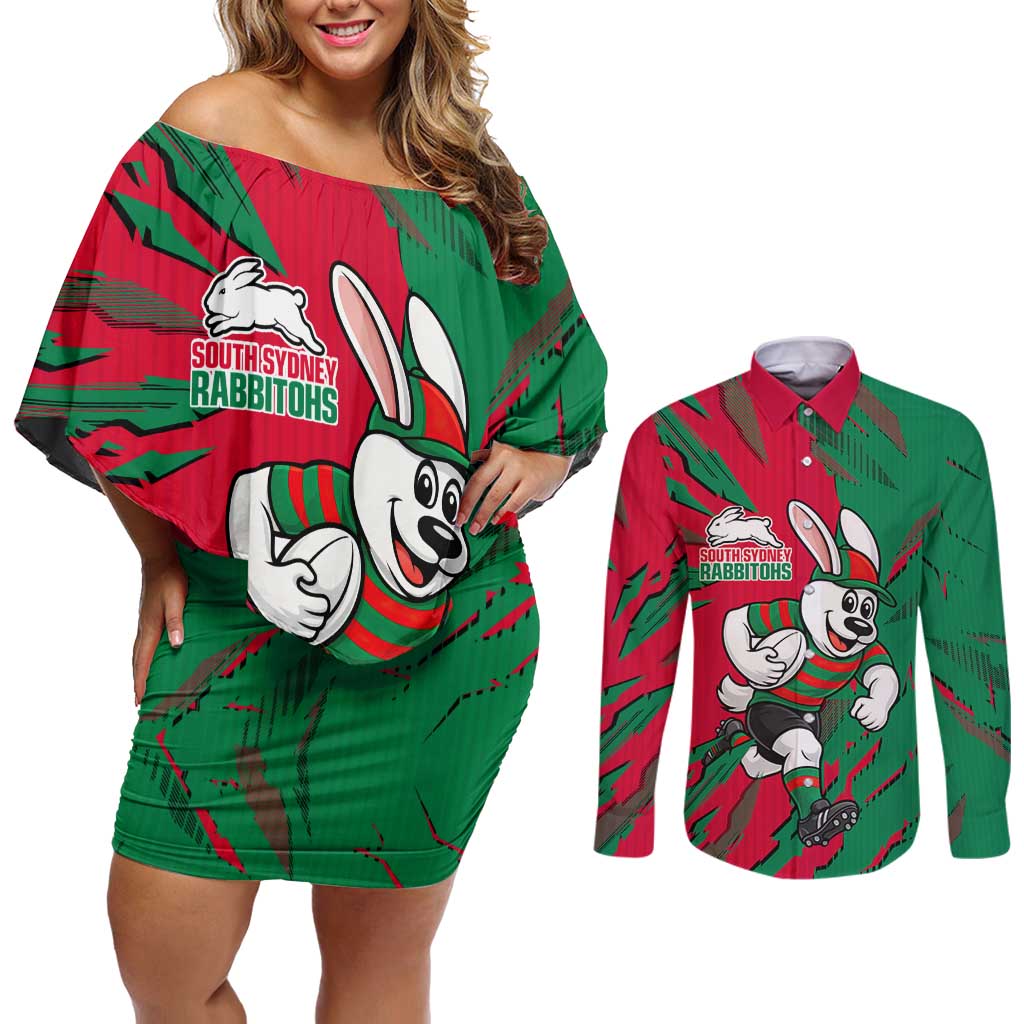 Personalized South Sydney Rabbitohs Couples Matching Off Shoulder Short Dress and Long Sleeve Button Shirt Dynamic Lightning Mascot Rugby Australia