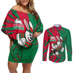 Personalized South Sydney Rabbitohs Couples Matching Off Shoulder Short Dress and Long Sleeve Button Shirt Dynamic Lightning Mascot Rugby Australia