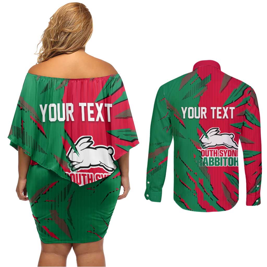 Personalized South Sydney Rabbitohs Couples Matching Off Shoulder Short Dress and Long Sleeve Button Shirt Dynamic Lightning Mascot Rugby Australia