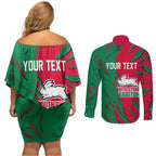 Personalized South Sydney Rabbitohs Couples Matching Off Shoulder Short Dress and Long Sleeve Button Shirt Dynamic Lightning Mascot Rugby Australia