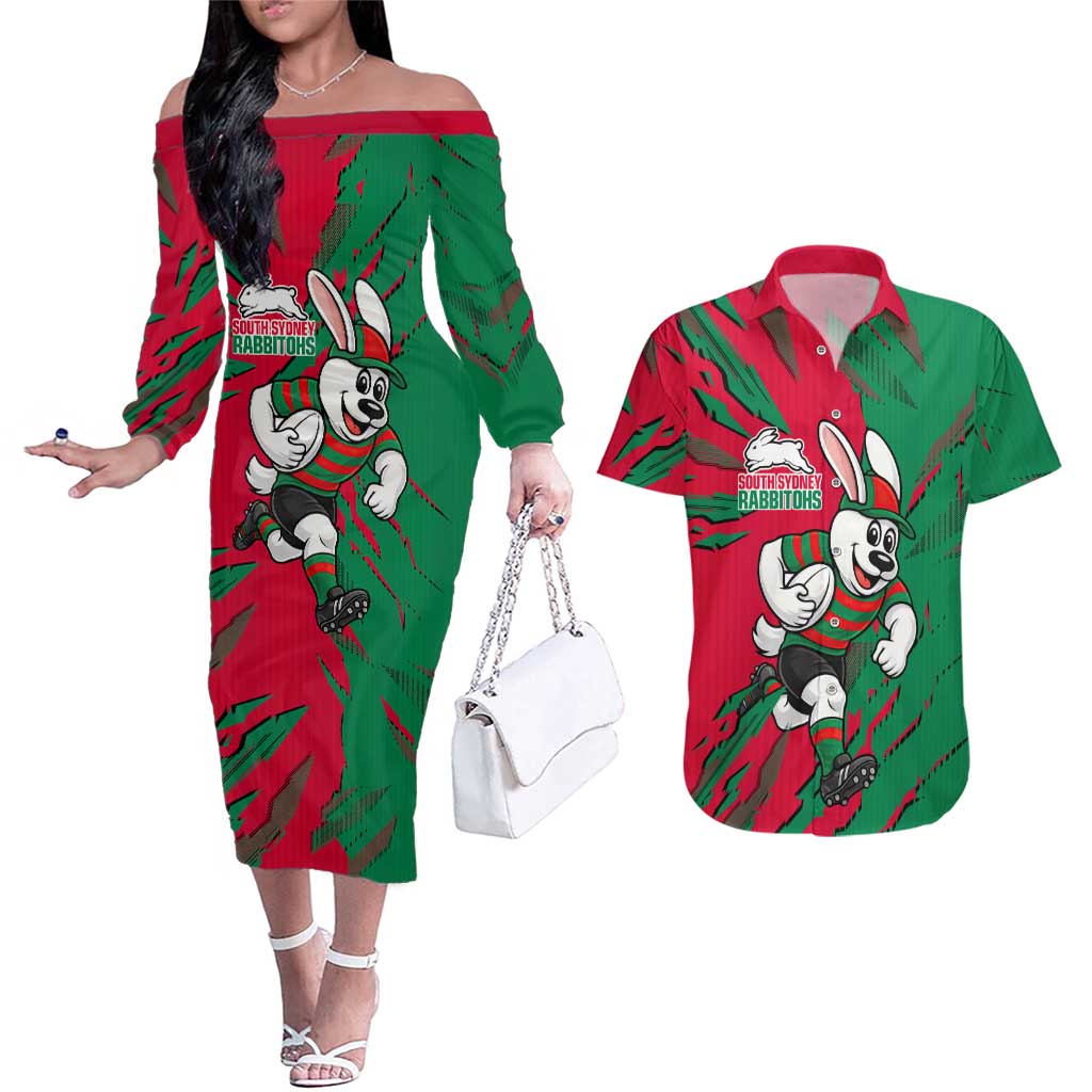 Personalized South Sydney Rabbitohs Couples Matching Off The Shoulder Long Sleeve Dress and Hawaiian Shirt Dynamic Lightning Mascot Rugby Australia