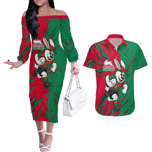 Personalized South Sydney Rabbitohs Couples Matching Off The Shoulder Long Sleeve Dress and Hawaiian Shirt Dynamic Lightning Mascot Rugby Australia
