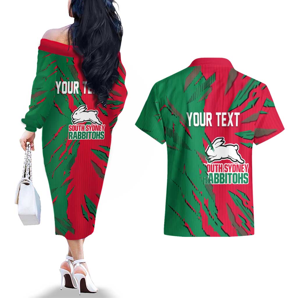 Personalized South Sydney Rabbitohs Couples Matching Off The Shoulder Long Sleeve Dress and Hawaiian Shirt Dynamic Lightning Mascot Rugby Australia