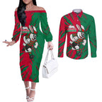 Personalized South Sydney Rabbitohs Couples Matching Off The Shoulder Long Sleeve Dress and Long Sleeve Button Shirt Dynamic Lightning Mascot Rugby Australia