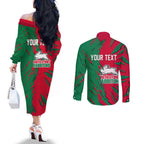 Personalized South Sydney Rabbitohs Couples Matching Off The Shoulder Long Sleeve Dress and Long Sleeve Button Shirt Dynamic Lightning Mascot Rugby Australia
