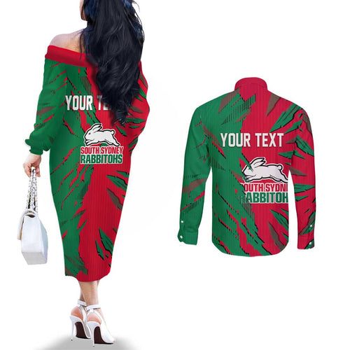 Personalized South Sydney Rabbitohs Couples Matching Off The Shoulder Long Sleeve Dress and Long Sleeve Button Shirt Dynamic Lightning Mascot Rugby Australia
