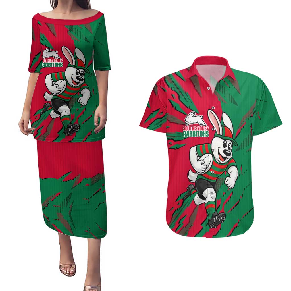 Personalized South Sydney Rabbitohs Couples Matching Puletasi and Hawaiian Shirt Dynamic Lightning Mascot Rugby Australia