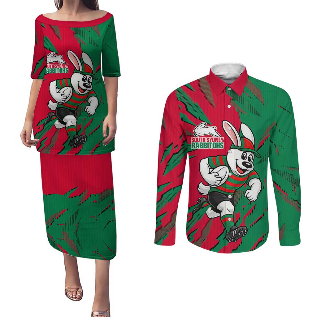 Personalized South Sydney Rabbitohs Couples Matching Puletasi and Long Sleeve Button Shirt Dynamic Lightning Mascot Rugby Australia