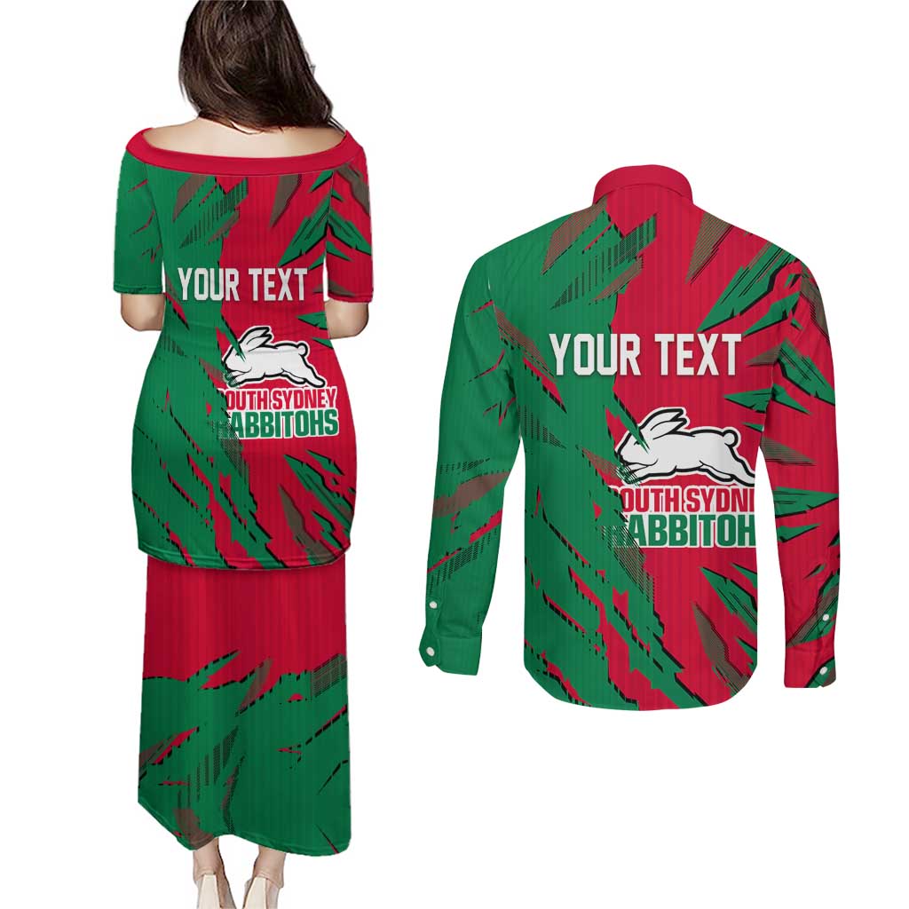 Personalized South Sydney Rabbitohs Couples Matching Puletasi and Long Sleeve Button Shirt Dynamic Lightning Mascot Rugby Australia