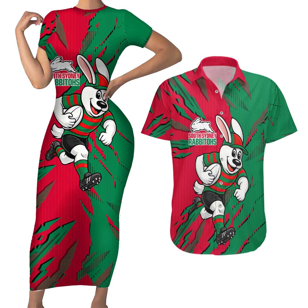 Personalized South Sydney Rabbitohs Couples Matching Short Sleeve Bodycon Dress and Hawaiian Shirt Dynamic Lightning Mascot Rugby Australia