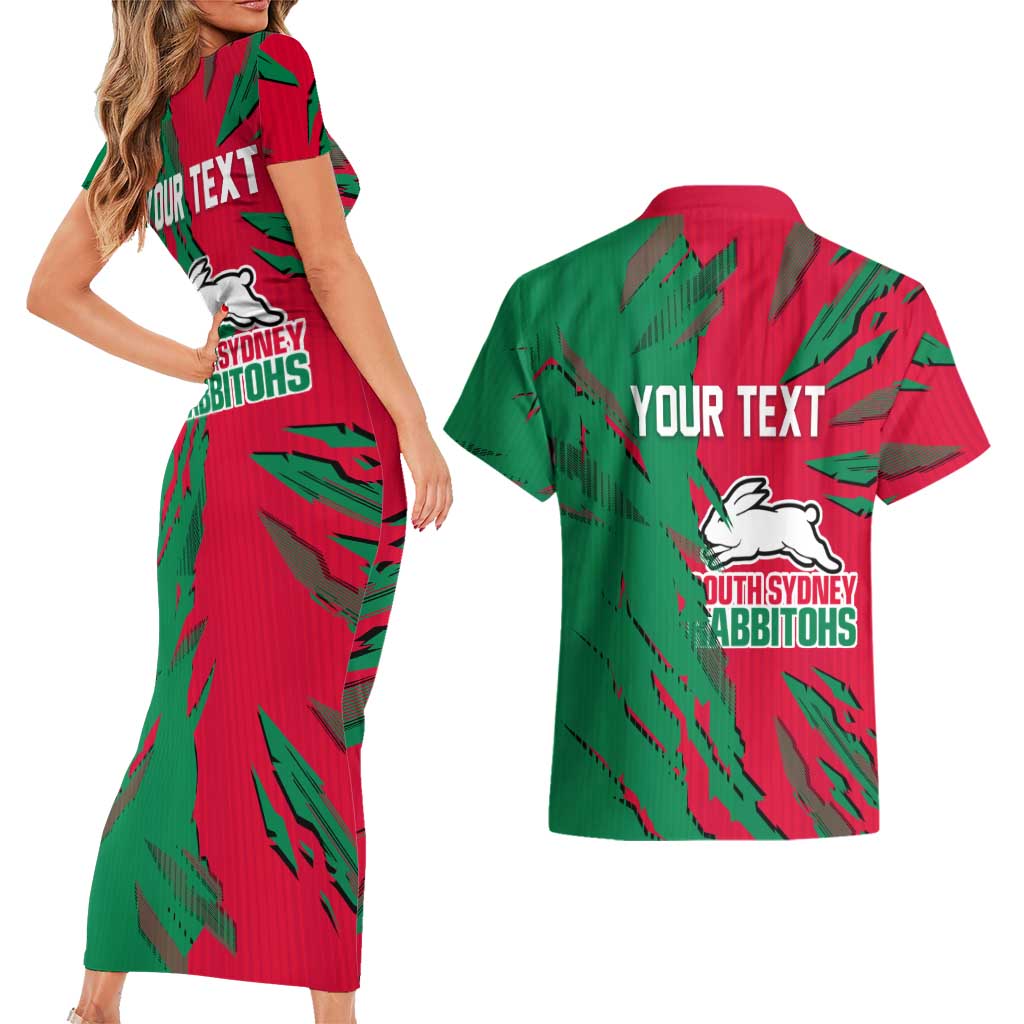 Personalized South Sydney Rabbitohs Couples Matching Short Sleeve Bodycon Dress and Hawaiian Shirt Dynamic Lightning Mascot Rugby Australia