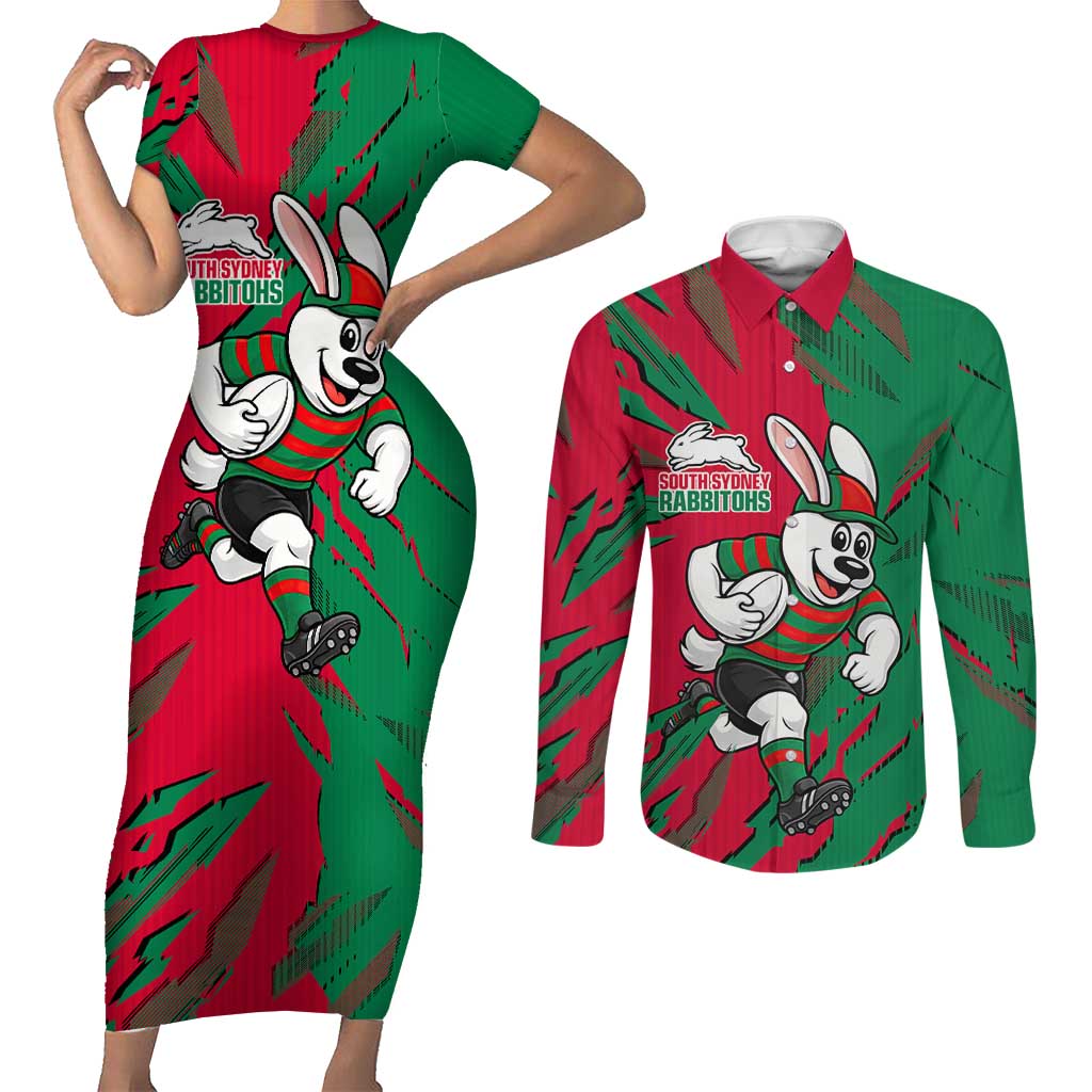 Personalized South Sydney Rabbitohs Couples Matching Short Sleeve Bodycon Dress and Long Sleeve Button Shirt Dynamic Lightning Mascot Rugby Australia