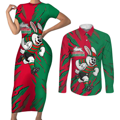 Personalized South Sydney Rabbitohs Couples Matching Short Sleeve Bodycon Dress and Long Sleeve Button Shirt Dynamic Lightning Mascot Rugby Australia