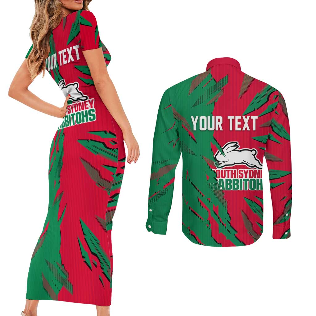 Personalized South Sydney Rabbitohs Couples Matching Short Sleeve Bodycon Dress and Long Sleeve Button Shirt Dynamic Lightning Mascot Rugby Australia