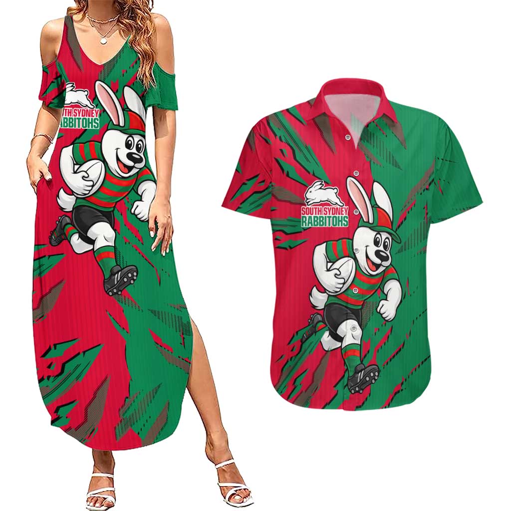 Personalized South Sydney Rabbitohs Couples Matching Summer Maxi Dress and Hawaiian Shirt Dynamic Lightning Mascot Rugby Australia