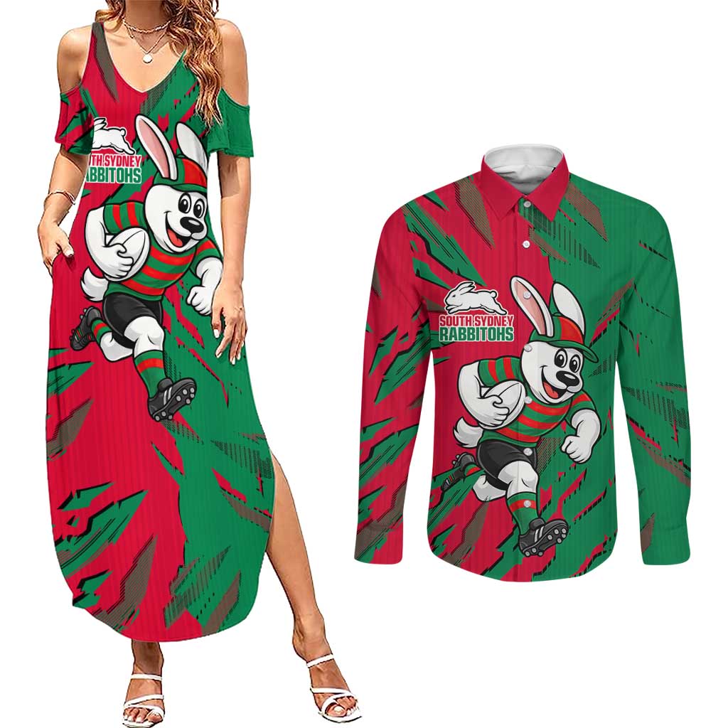 Personalized South Sydney Rabbitohs Couples Matching Summer Maxi Dress and Long Sleeve Button Shirt Dynamic Lightning Mascot Rugby Australia