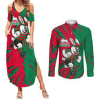 Personalized South Sydney Rabbitohs Couples Matching Summer Maxi Dress and Long Sleeve Button Shirt Dynamic Lightning Mascot Rugby Australia
