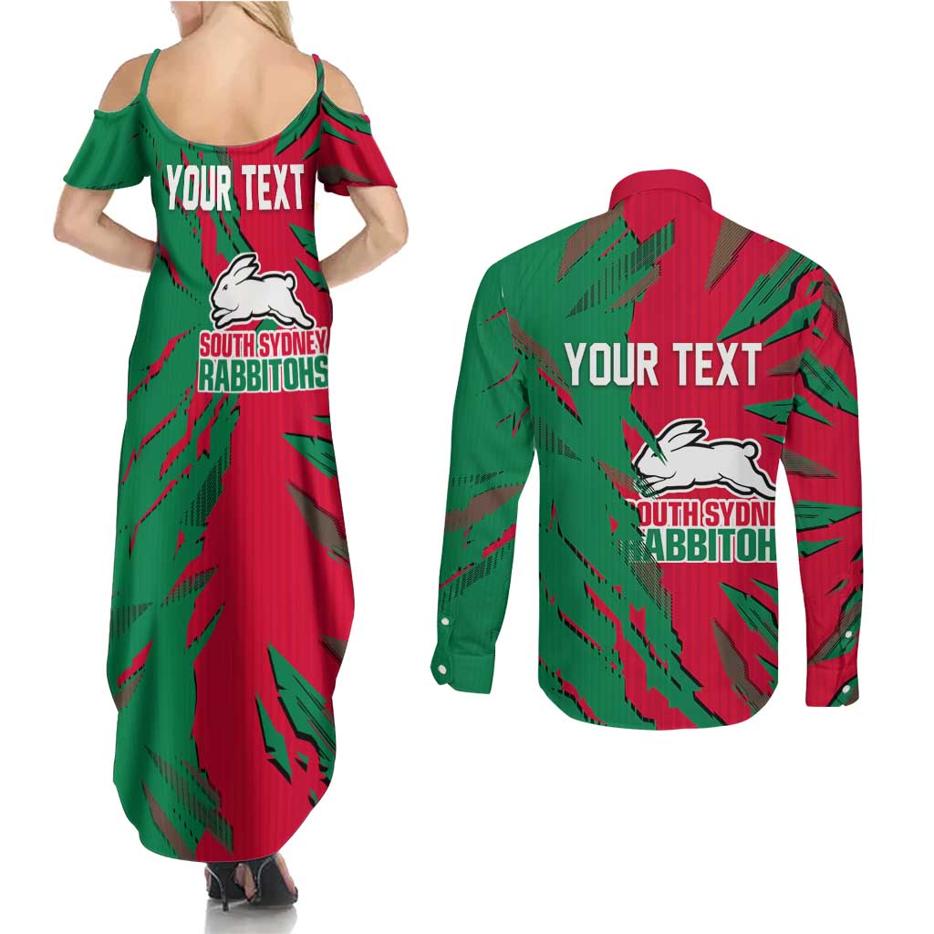 Personalized South Sydney Rabbitohs Couples Matching Summer Maxi Dress and Long Sleeve Button Shirt Dynamic Lightning Mascot Rugby Australia