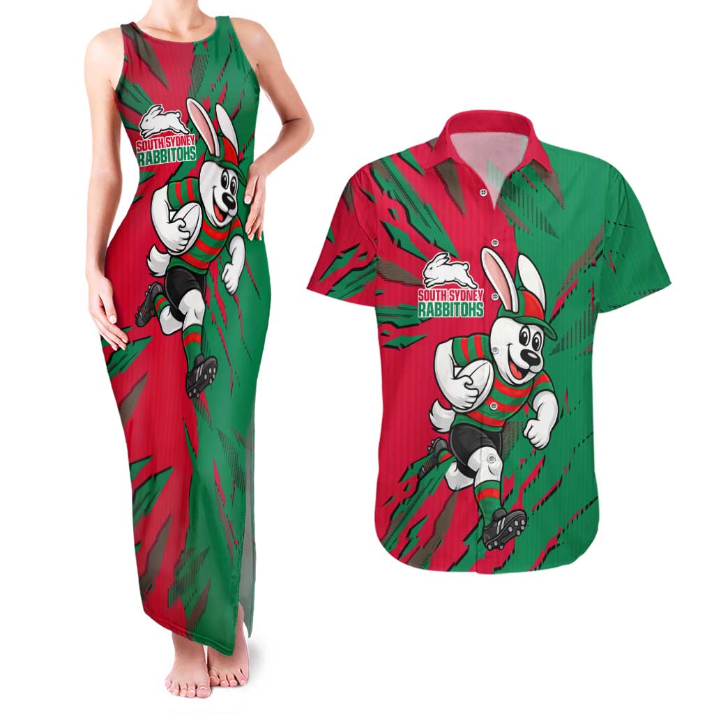 Personalized South Sydney Rabbitohs Couples Matching Tank Maxi Dress and Hawaiian Shirt Dynamic Lightning Mascot Rugby Australia