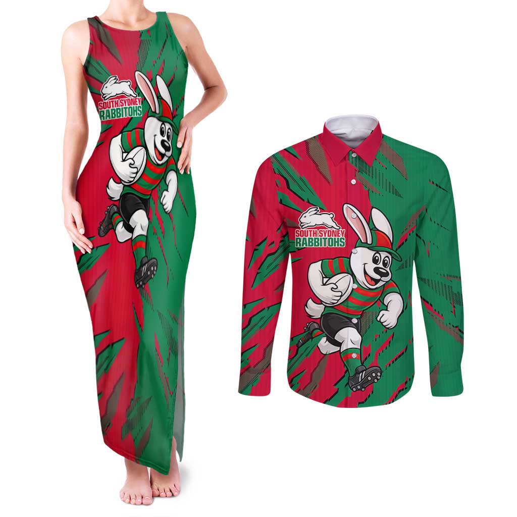 Personalized South Sydney Rabbitohs Couples Matching Tank Maxi Dress and Long Sleeve Button Shirt Dynamic Lightning Mascot Rugby Australia