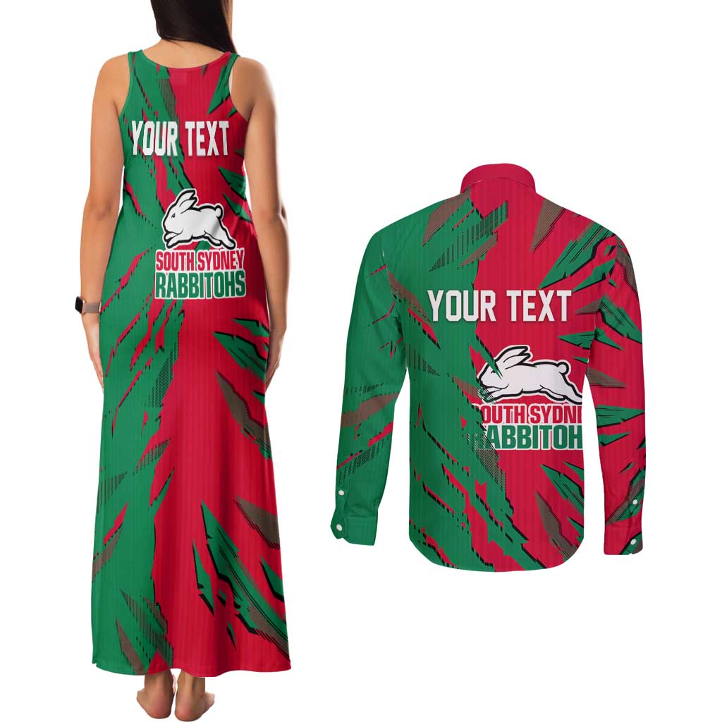 Personalized South Sydney Rabbitohs Couples Matching Tank Maxi Dress and Long Sleeve Button Shirt Dynamic Lightning Mascot Rugby Australia