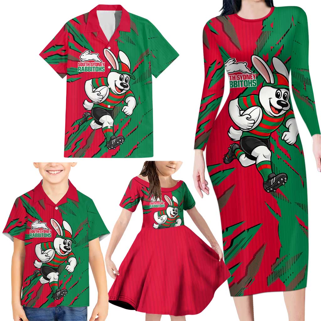 Personalized South Sydney Rabbitohs Family Matching Long Sleeve Bodycon Dress and Hawaiian Shirt Dynamic Lightning Mascot Rugby Australia