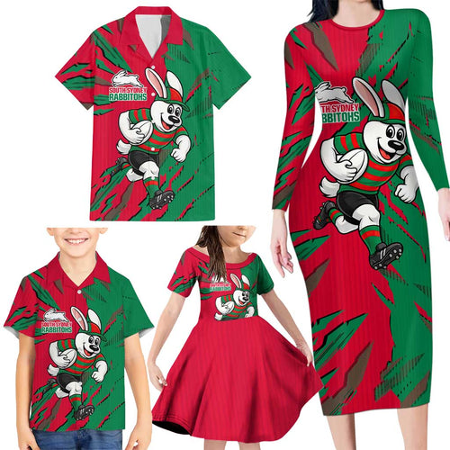Personalized South Sydney Rabbitohs Family Matching Long Sleeve Bodycon Dress and Hawaiian Shirt Dynamic Lightning Mascot Rugby Australia