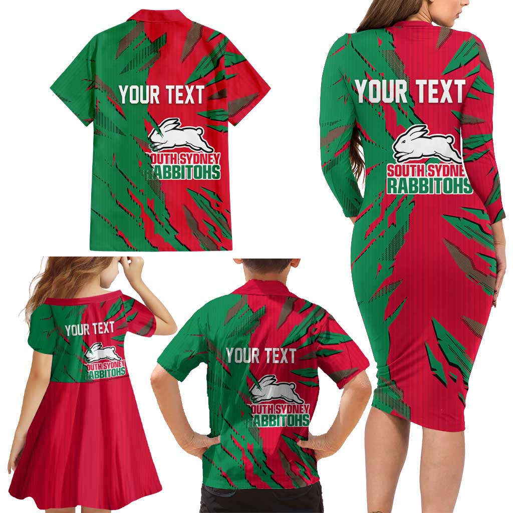 Personalized South Sydney Rabbitohs Family Matching Long Sleeve Bodycon Dress and Hawaiian Shirt Dynamic Lightning Mascot Rugby Australia
