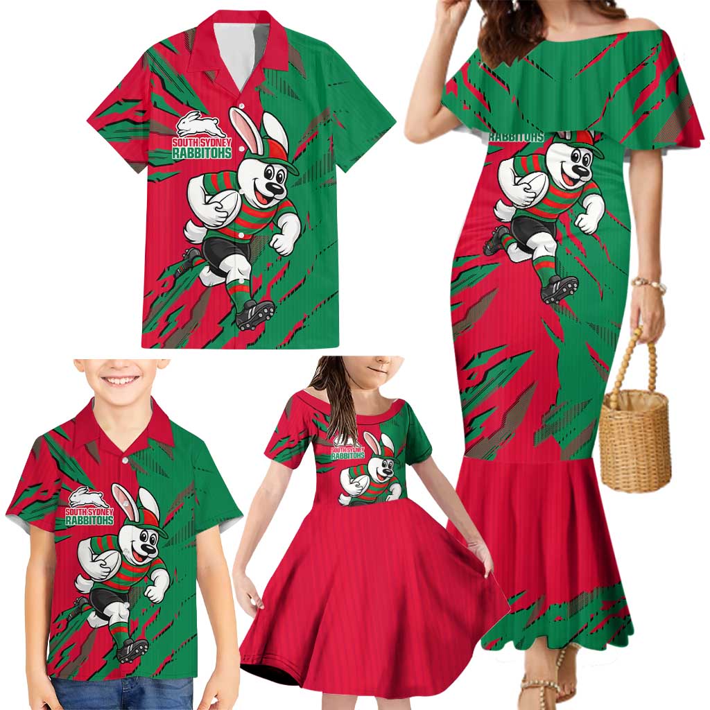 Personalized South Sydney Rabbitohs Family Matching Mermaid Dress and Hawaiian Shirt Dynamic Lightning Mascot Rugby Australia