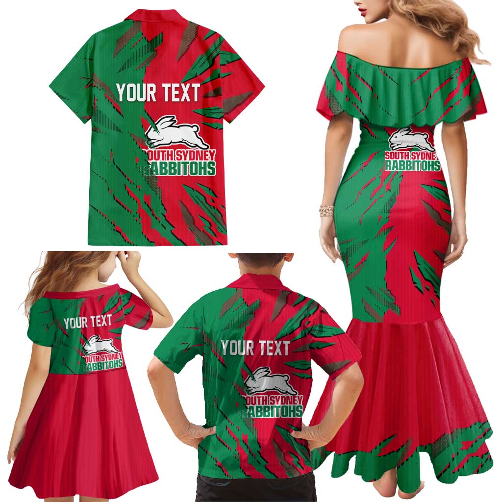 Personalized South Sydney Rabbitohs Family Matching Mermaid Dress and Hawaiian Shirt Dynamic Lightning Mascot Rugby Australia