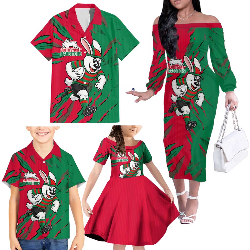 Personalized South Sydney Rabbitohs Family Matching Off The Shoulder Long Sleeve Dress and Hawaiian Shirt Dynamic Lightning Mascot Rugby Australia