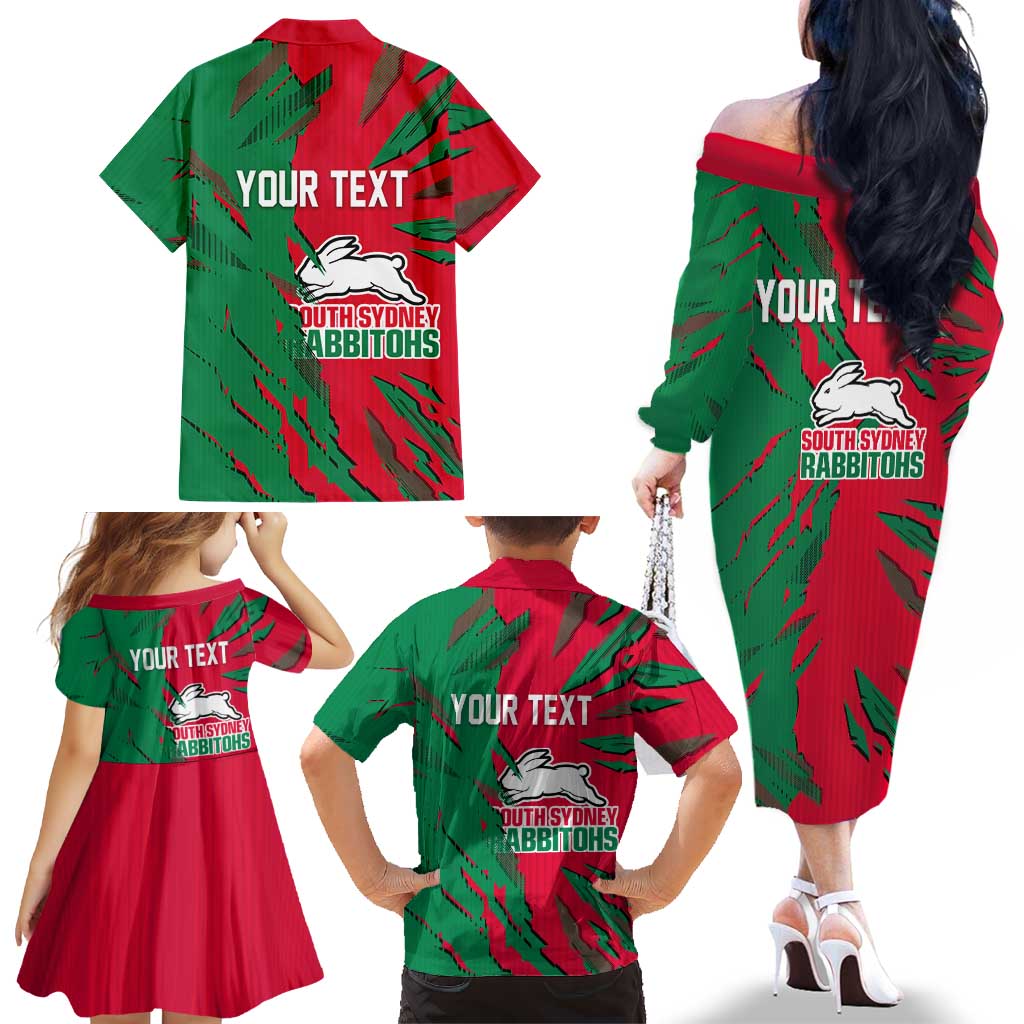 Personalized South Sydney Rabbitohs Family Matching Off The Shoulder Long Sleeve Dress and Hawaiian Shirt Dynamic Lightning Mascot Rugby Australia