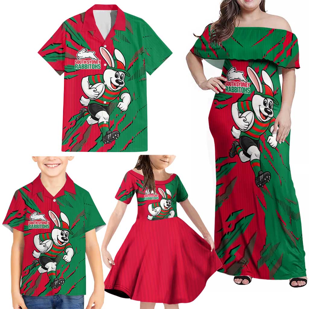 Personalized South Sydney Rabbitohs Family Matching Off Shoulder Maxi Dress and Hawaiian Shirt Dynamic Lightning Mascot Rugby Australia
