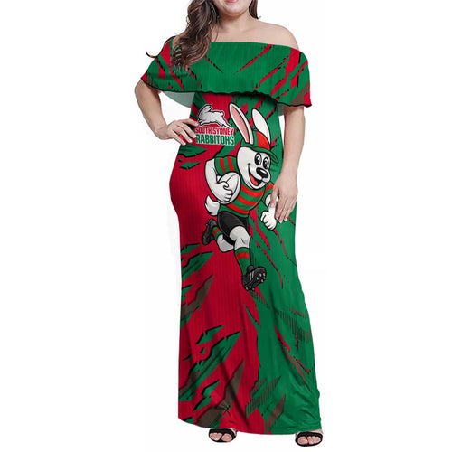Personalized South Sydney Rabbitohs Family Matching Off Shoulder Maxi Dress and Hawaiian Shirt Dynamic Lightning Mascot Rugby Australia
